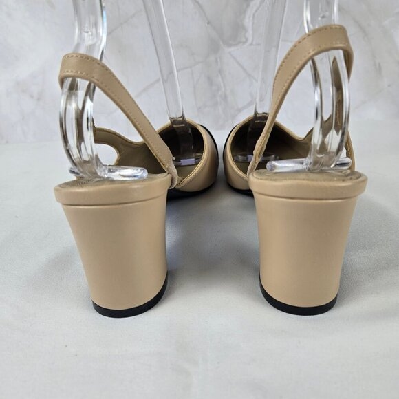 Unbranded Sz 39(US 8.5) Cream Slingback Heels Black Toe Cap Almond Toe - Picture 5 of 10